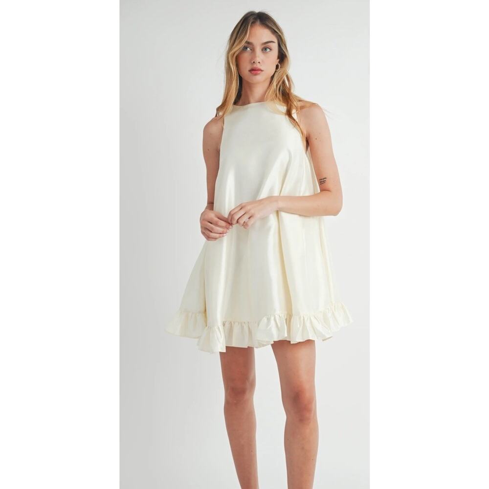 Mable Aubriella Taffeta Button Mini Dress Size Medium Pearl Back Ruffle Hem